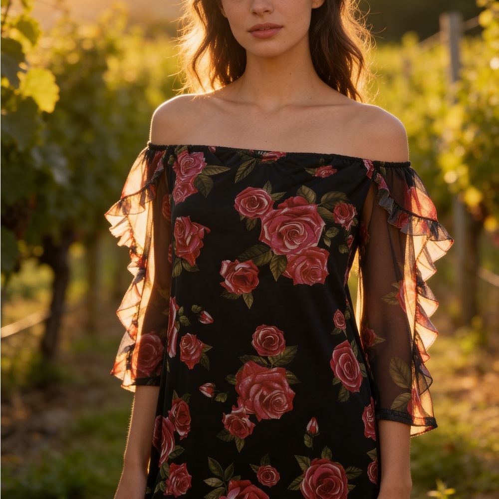 Boohoo Black Off-Shoulder Floral Dress with Pink Rose Print